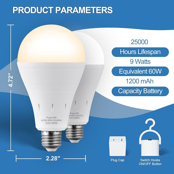 3Pack Rechargeable Emergency Light Bulb, A19 9W Warm White 6000K Self-Charging - Image 9