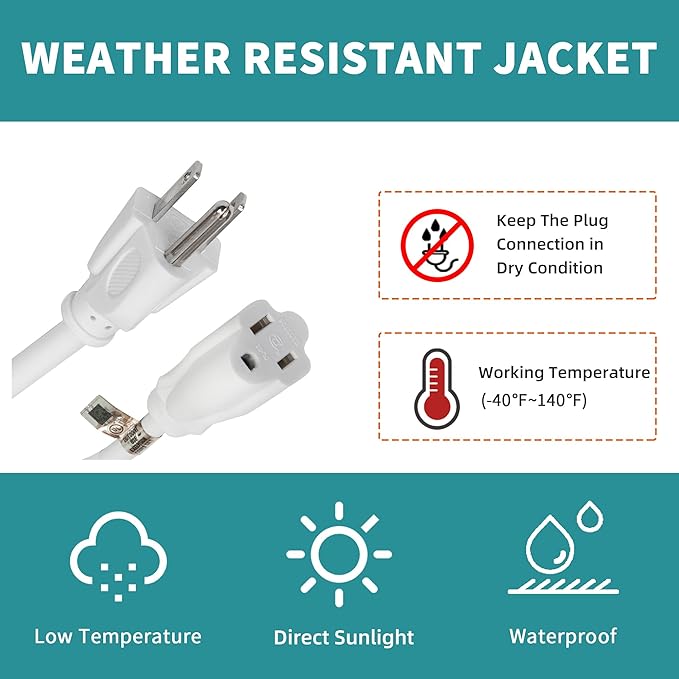 Indoor Outdoor Extension Cord Weatherproof, UL Certified, 16 Gauge 10FT White 3 - Image 7