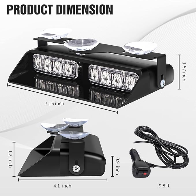 XRIDONSEN 2 in 1 Dash Emergency Strobe Lights Front/Rear Amber Blue Windshield - Image 6