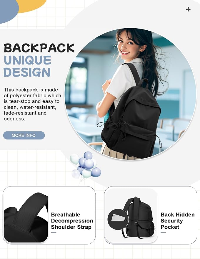 PAUBACK Black School Backpack for Girls Women Waterproof High School Book Bag - Image 7