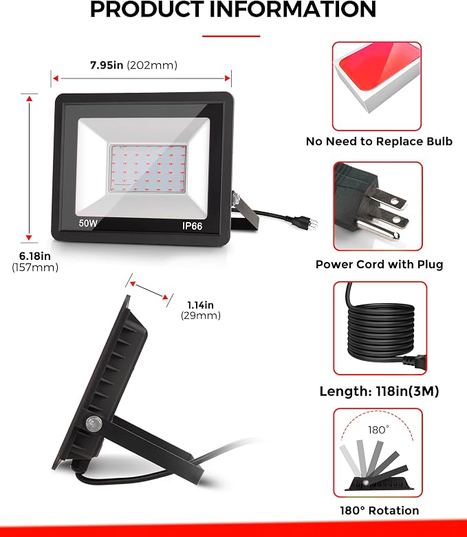 L LOHAS LED Red Flood Light Outdoor, 50W Plug in Flood - Image 7