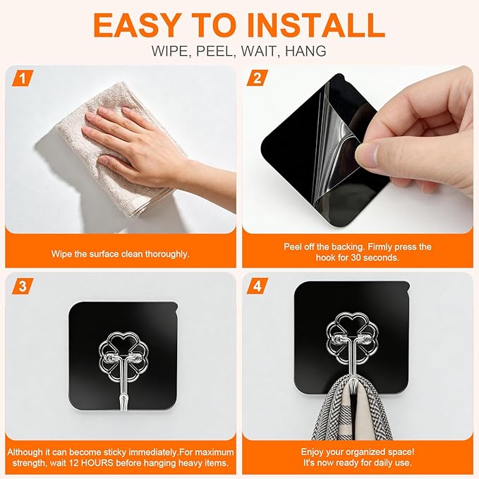 DDMY Black Heavy Duty Adhesive Hooks 2026 Upgraded 50lbs(Max) Sticky Wall Hooks - Image 7
