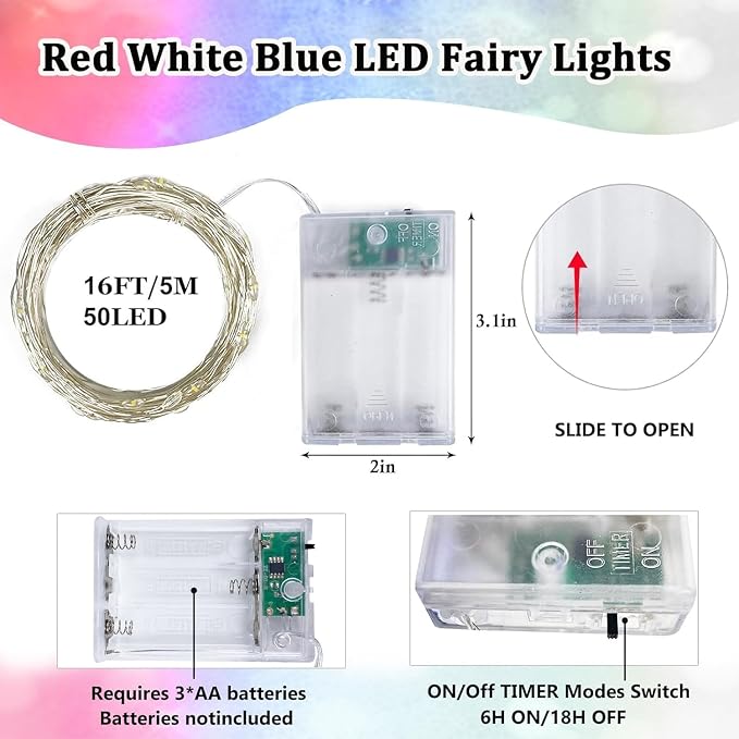 4th of July Decorations, 4 Pack Red White and Blue Fairy Lights Battery Operated - Image 8