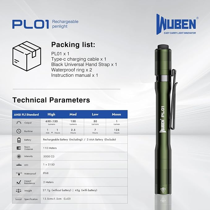 WUBEN PL01 Pen Light, 650 Lumens Pocket EDC Flashlight Rechargeable, Bright LED - Image 9