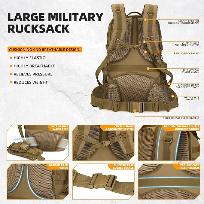 50L Military Tactical Backpack 3 Day Assault Pack Molle Daypack Hiking Backpack - Image 3