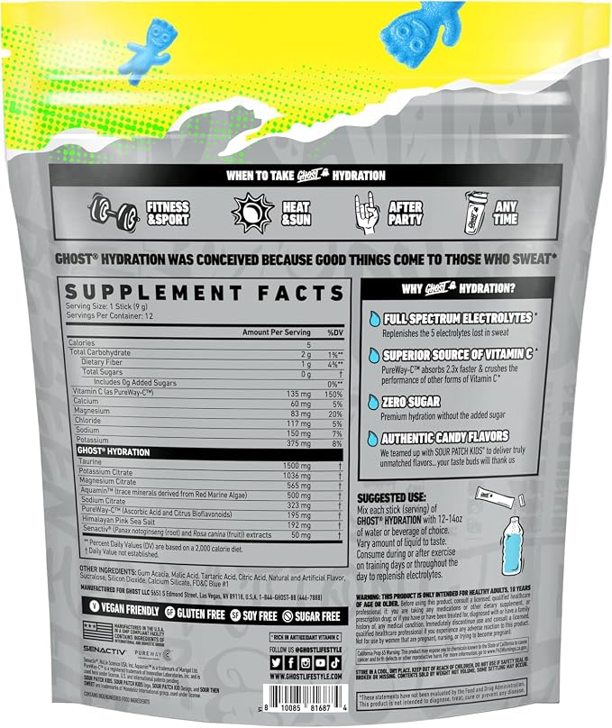 GHOST Hydration Packets, Sour Patch Kids Blue Raspberry, 12 Sticks, Electrolyte - Image 2