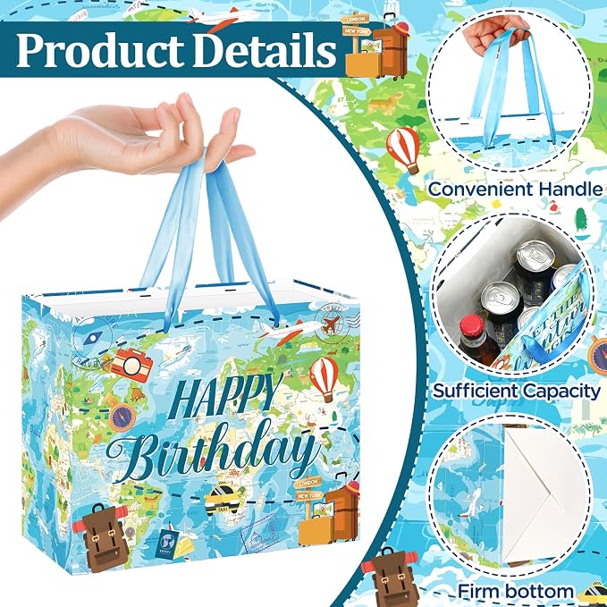 Travel World Map Birthday Gift Bag Double-Sided Let the Adventure Begin Gift - Image 7