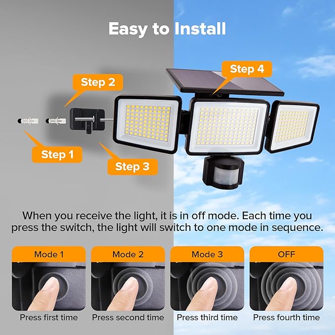 UME Solar Outdoor Lights 302 LED 3000LM, IP65 Waterproof Motion Sensor Outdoor - Image 7