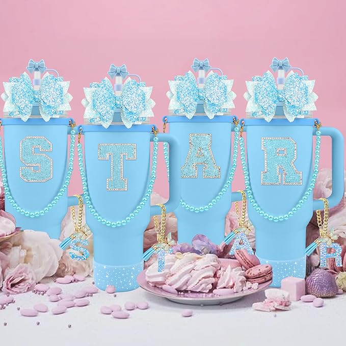 9PCS Blue for Stanley Cup Accessories Set Bling Initials Bow Charms for Stanley - Image 7