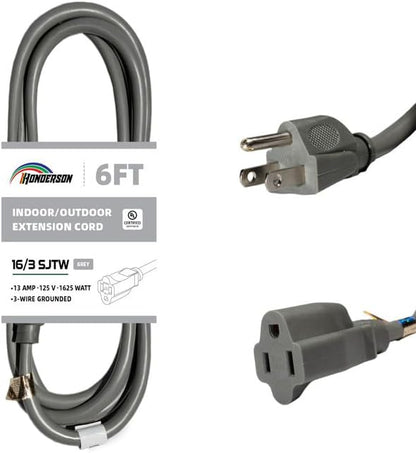 Indoor Outdoor Extension Cord Weatherproof, UL Certified, 16 Gauge 6FT Grey 3 by HONDERSON