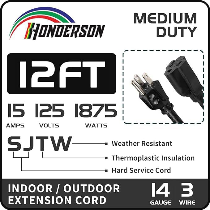 Indoor Outdoor Extension Cord Weatherproof, UL Certified, 14 Gauge 12FT Black 3 - Image 2