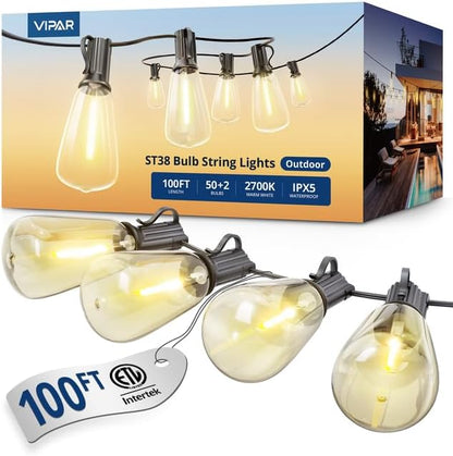 VIPAR Outdoor String Lights, 100FT 52 ST38 Bulbs Patio Lights Outdoor Waterproof by VIPAR