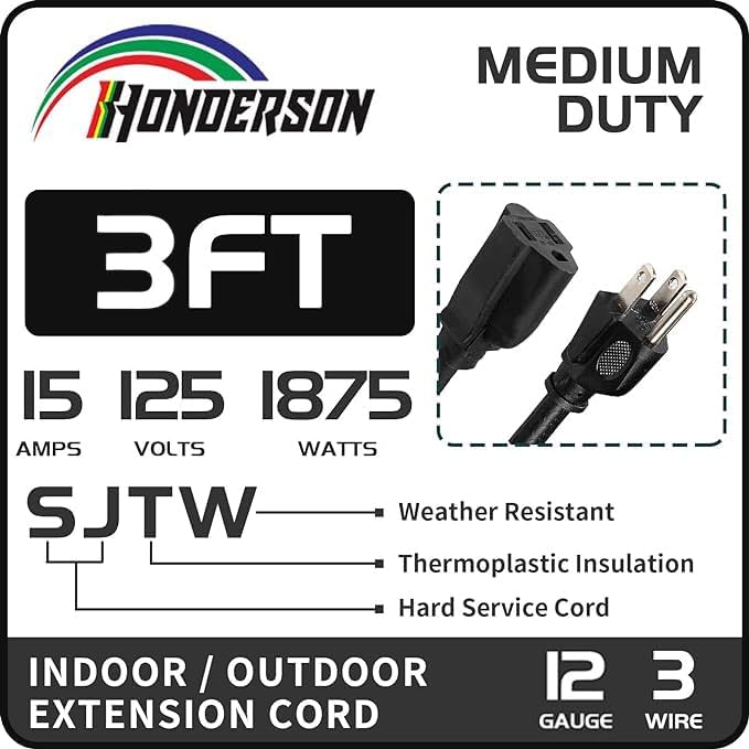 Extension Cord Weatherproof, UL Certified, 12 Gauge 3FT Black 3 Prong Heavy Duty - Image 2