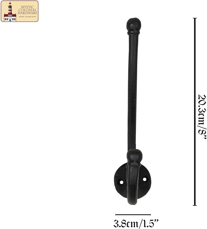 Mystic Colonial Rustic Cast Iron Wall Hooks, Heavy Duty Retro Utility Hanger - Image 2