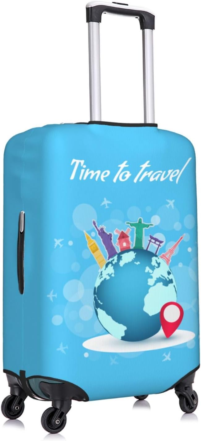 Travel Luggage Cover with Time to Travel Print, World Landmarks Design - Image 3