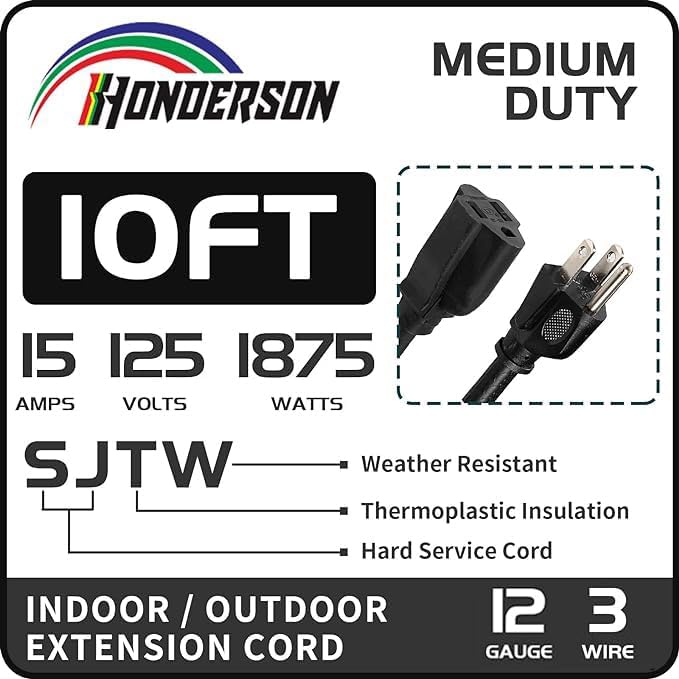 Indoor Outdoor Extension Cord Weatherproof, UL Certified, 12 Gauge 10FT Black 3 - Image 2