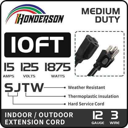 Indoor Outdoor Extension Cord Weatherproof, UL Certified, 12 Gauge 10FT Black 3 - Image 2