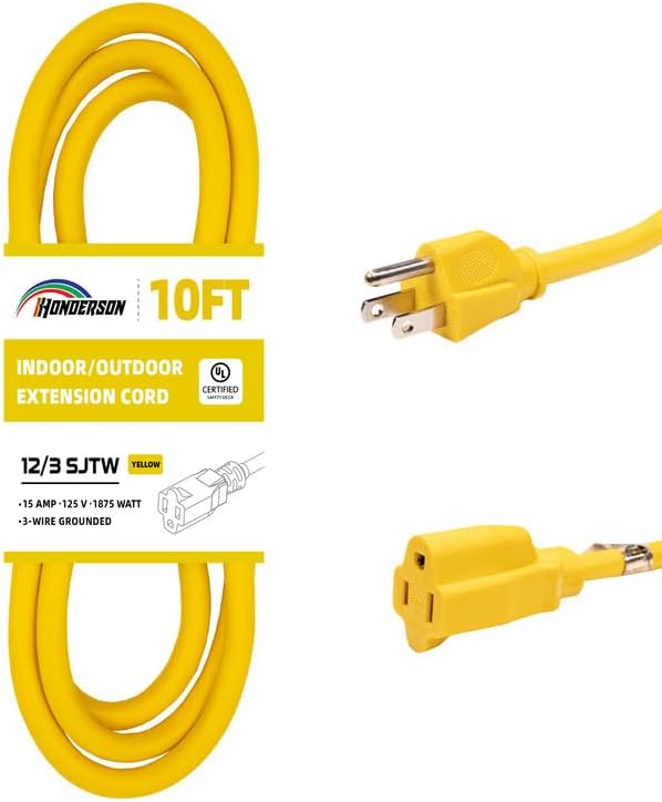 Indoor Outdoor Extension Cord Weatherproof, UL Certified, 12 Gauge 10FT Yellow by HONDERSON