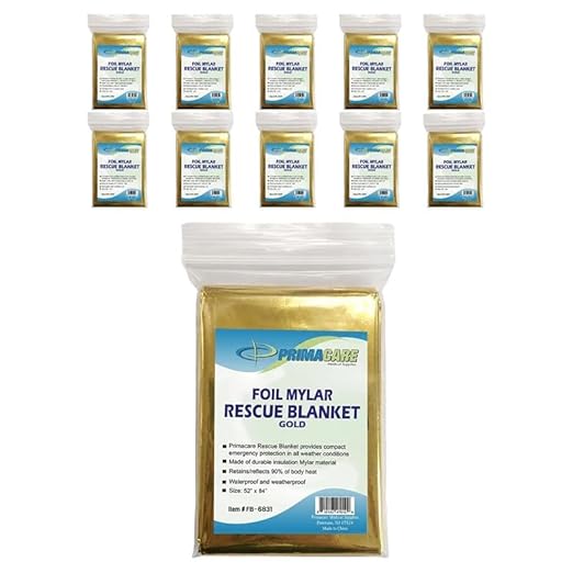 Primacare FB-6831 Emergency Mylar Thermal Blankets – 10 Pack, Waterproof by Primacare
