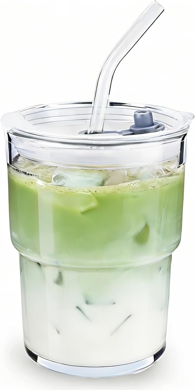 Glass Cups With Lids And Straws, Matcha Cup, Iced Coffee Cup, 13Oz/400ml Iced by WelcomeToColnic