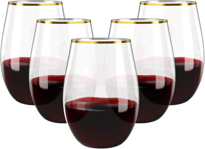 FOCUSLINE 20pcs 16 Oz Plastic Wine Glasses, Stemless Gold Rim, Heavy Duty by FOCUSLINE