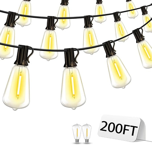 Outdoor Patio String Lights 200ft: ST38 LED Shatterproof Bulbs 3 Modes Button by Vozuji