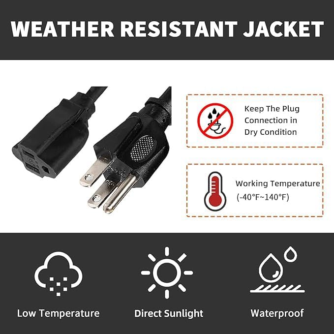 Indoor Outdoor Extension Cord Weatherproof, UL Certified, 12 Gauge 12FT Black 3 - Image 6