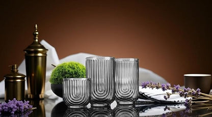 16 Piece Smoke Glassware Set, Art Deco Black Drinking Glasses, Ribbed U-Shape - Image 4