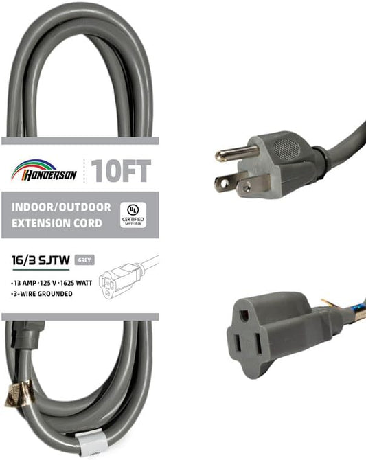 Indoor Outdoor Extension Cord Weatherproof, UL Listed, 16 Gauge 10FT Grey 3 by HONDERSON