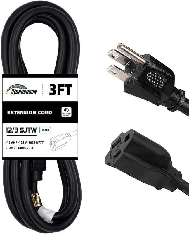 Extension Cord Weatherproof, UL Certified, 12 Gauge 3FT Black 3 Prong Heavy Duty by HONDERSON