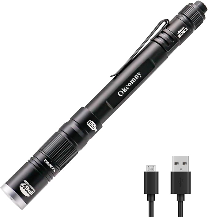okcomuy Rechargeable LED Pen Light Flashlight, 300 Lumens IP67 Waterproof by ForPetLoversByPetLovers