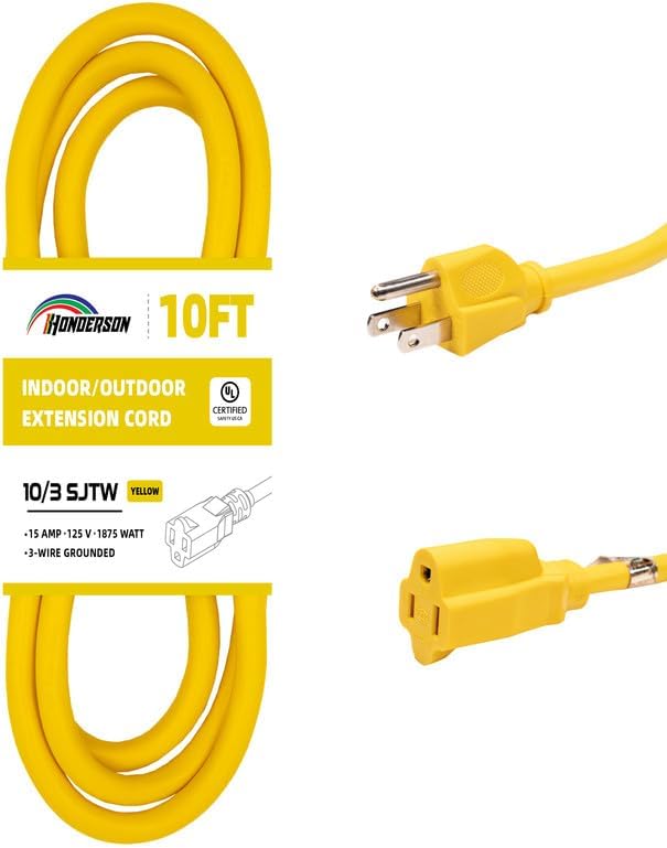 Indoor Outdoor Extension Cord Weatherproof, UL Certified, 10 Gauge 10FT Yellow by HONDERSON