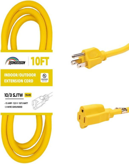 Indoor Outdoor Extension Cord Weatherproof, UL Certified, 10 Gauge 10FT Yellow by HONDERSON