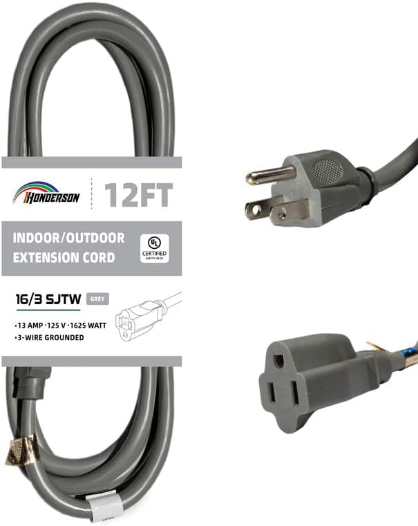 Indoor Outdoor Extension Cord Weatherproof, UL Certified, 16 Gauge 12FT Grey 3 by HONDERSON