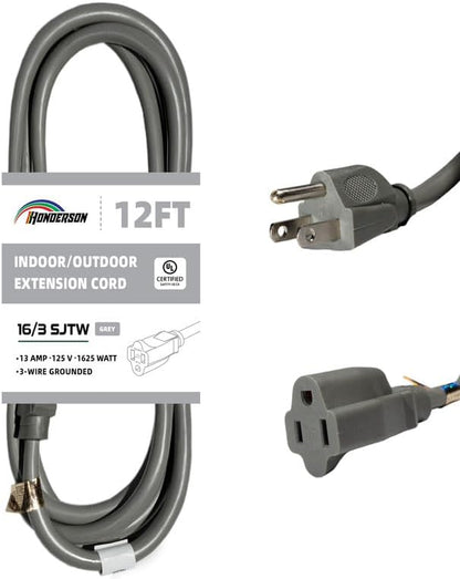 Indoor Outdoor Extension Cord Weatherproof, UL Certified, 16 Gauge 12FT Grey 3 by HONDERSON