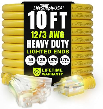 10ft Outdoor/Indoor Extension Cord 3-Outlet 12/3 Gauge Extra Heavy Duty 3 Prong by LifeSupplyUSA