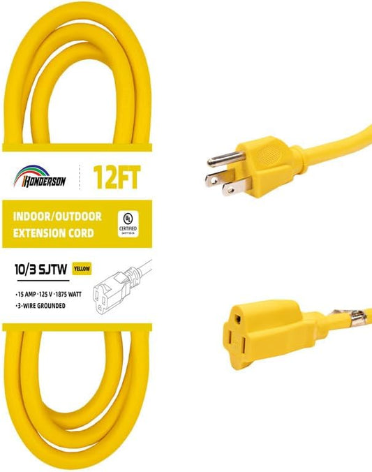 Indoor Outdoor Extension Cord Weatherproof, UL Certified, 10 Gauge 12FT Yellow by HONDERSON