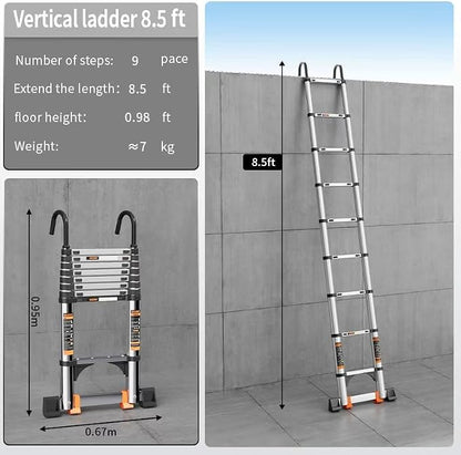 Telescoping Ladder, with Stable Hook and stabilizer barand, 8.5FT Extension - Image 2