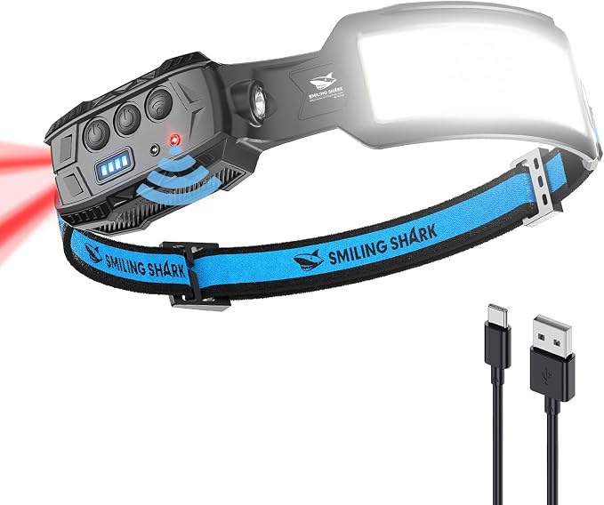 Smiling Shark Headlamp, Head Lamp Led Rechargeable 6 Modes 7*White Lights 270° by SmilingShark