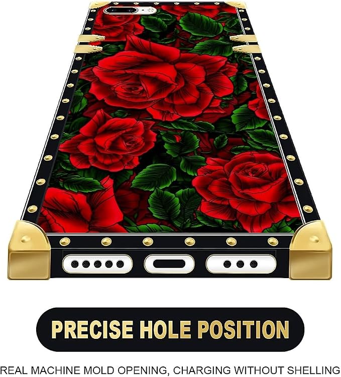 Compatible with iPhone 8 7 SE Case, Vector Red Rose Green Leaf Luxury Golden - Image 5