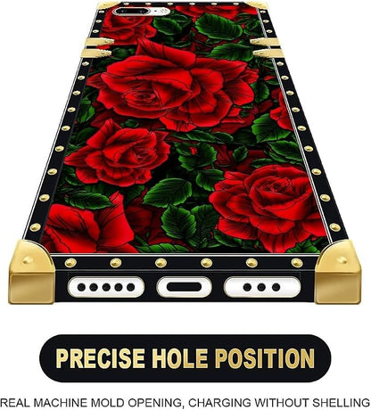 Compatible with iPhone 8 7 SE Case, Vector Red Rose Green Leaf Luxury Golden - Image 5