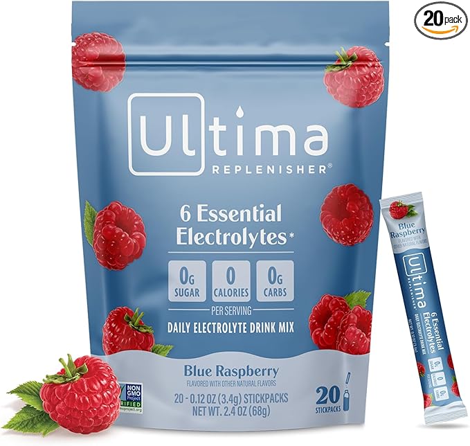 Ultima Replenisher Daily Electrolyte Powder – Blue Raspberry, 20 Stickpacks – by UltimaReplenisher
