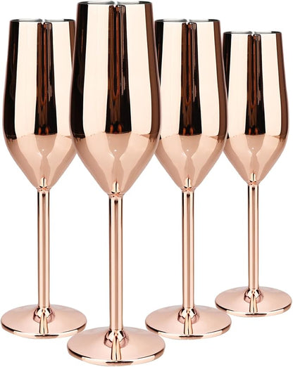 TJ Unbreakable 8 Oz Stainless Steel Champagne Flutes- Rose Champagne Glasses by TJ