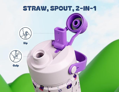 12 oz Kids Insulated Water Bottle: 2-in-1 Straw Spout Lid, Keep Cold 24H - Image 3