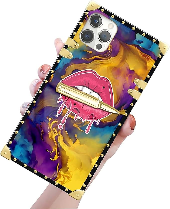 Compatible with iPhone 12 12 Pro Case, Cool Corlorful Lip Marble Luxury Golden - Image 3
