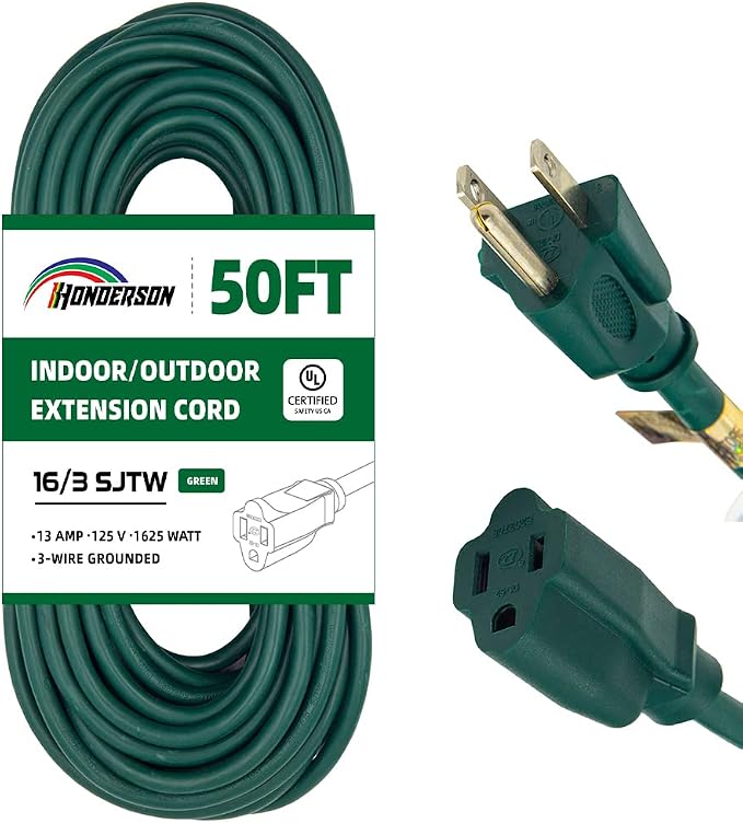 50FT Outdoor Extension Cord-16/3 SJTW Durable Green Extension Cable by HONDERSON