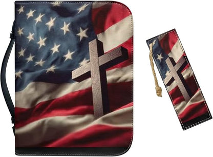 Large Bible Cover Case for Women Men American Flag and Cross PU Leather Bible by Unknown