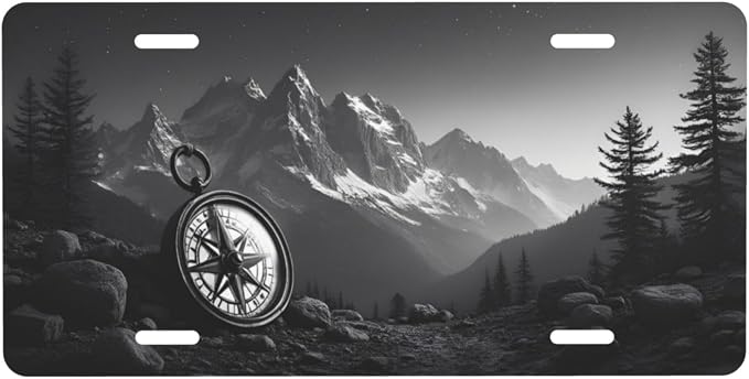 Mountain Compass License Plate Black White Adventure Design by Unknown