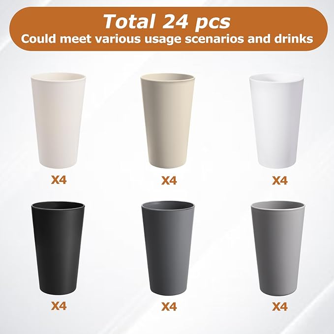 24 Pcs Unbreakable Plastic Cups Set, 20 oz Reusable Plastic Cups, Stackable - Image 3