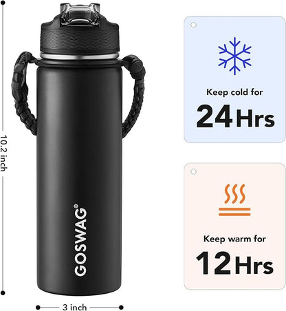 GOSWAG Insulated Sports Water Bottle, 24oz 2 Lids, Stainless Steel Water Bottles - Image 2